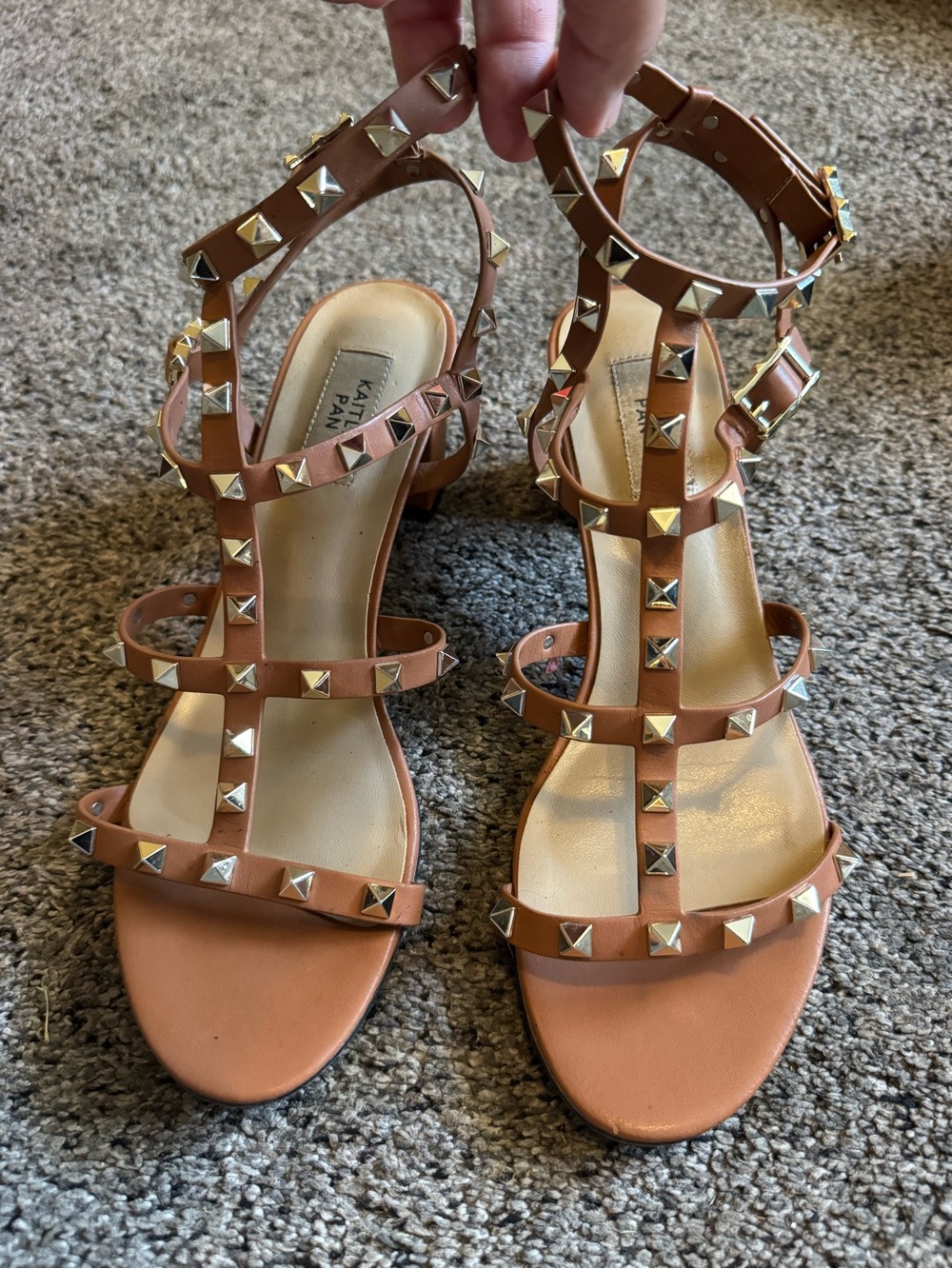 Tan Pyramid-Stud Strappy Sandals - Women's Leather Ankle Strap